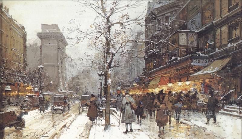 A Busy Boulavard Under Snow Parisian gouache Eugene Galien Laloue Oil Paintings